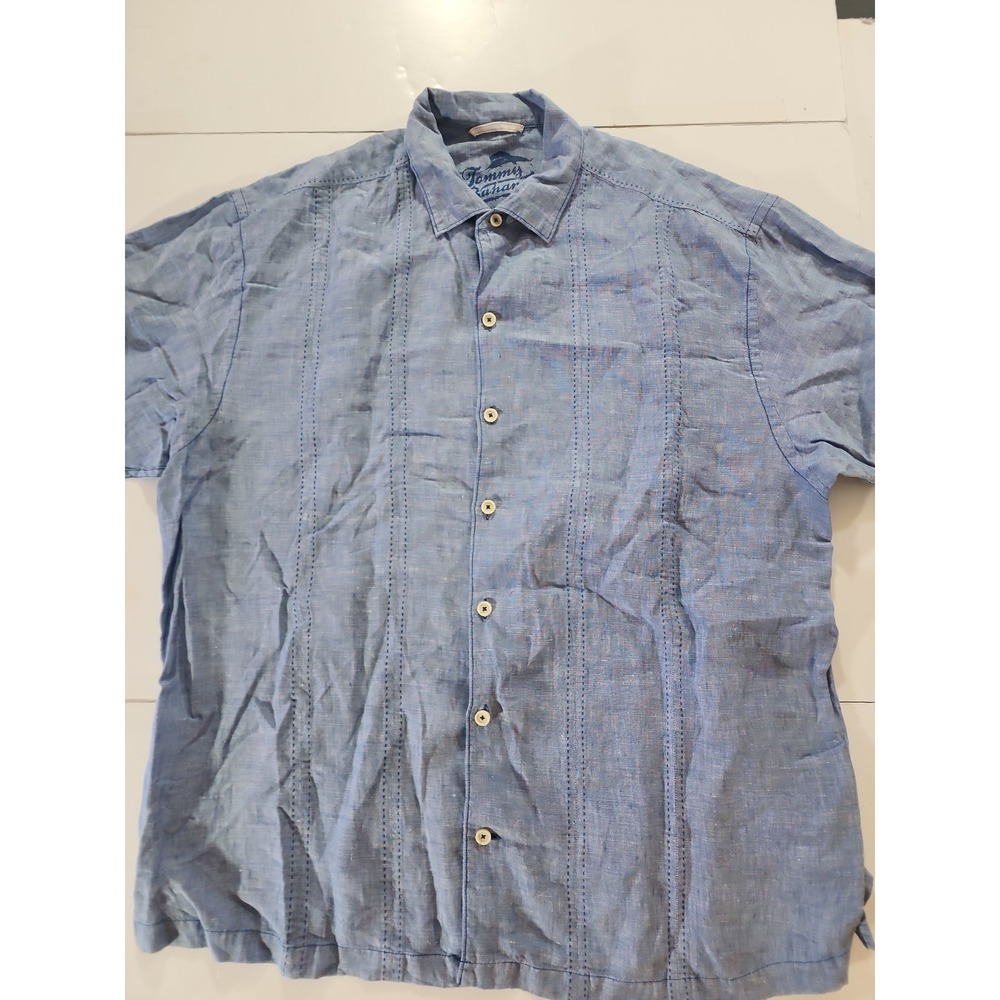 Tommy Bahama Relax Men's Large 100% Linen Button Up Wash Blue Short Sleeve Shirt